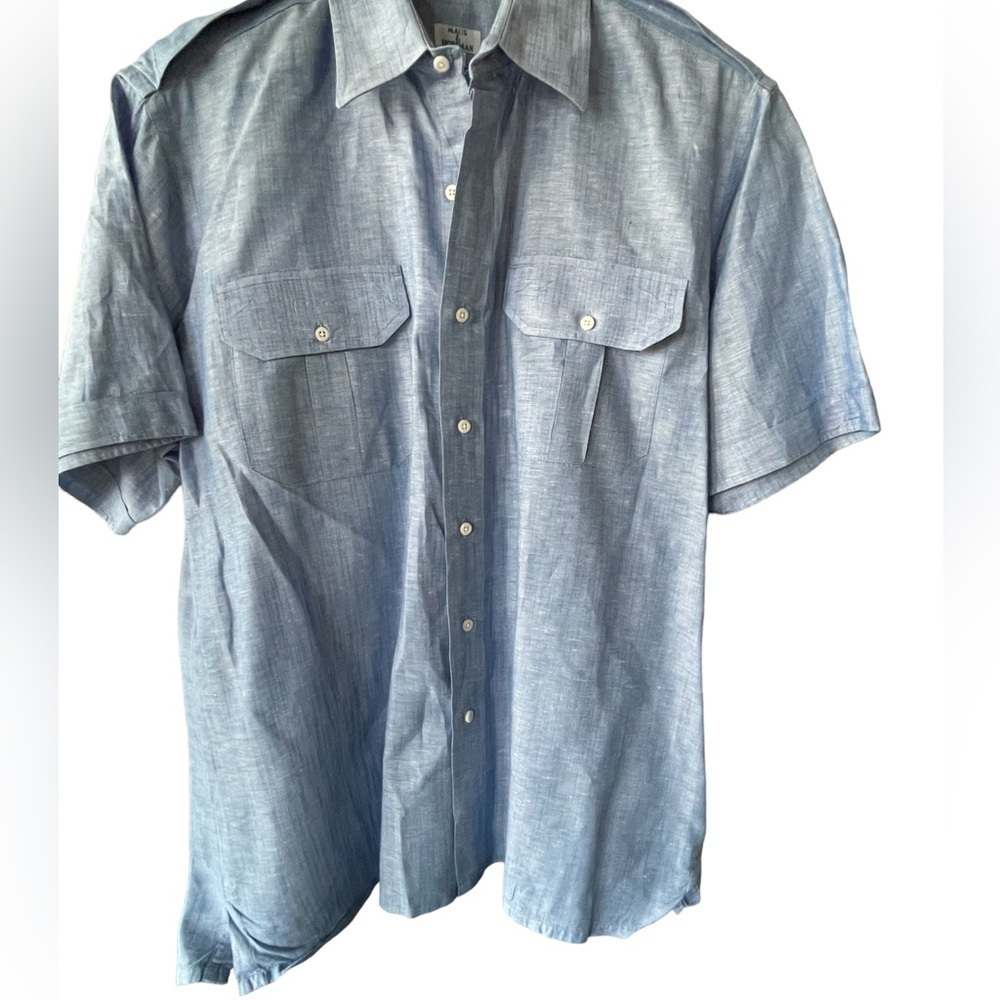 🔥💙Designer Maus & Hoffman Mens size L blue button linen blend shirt Like new!
